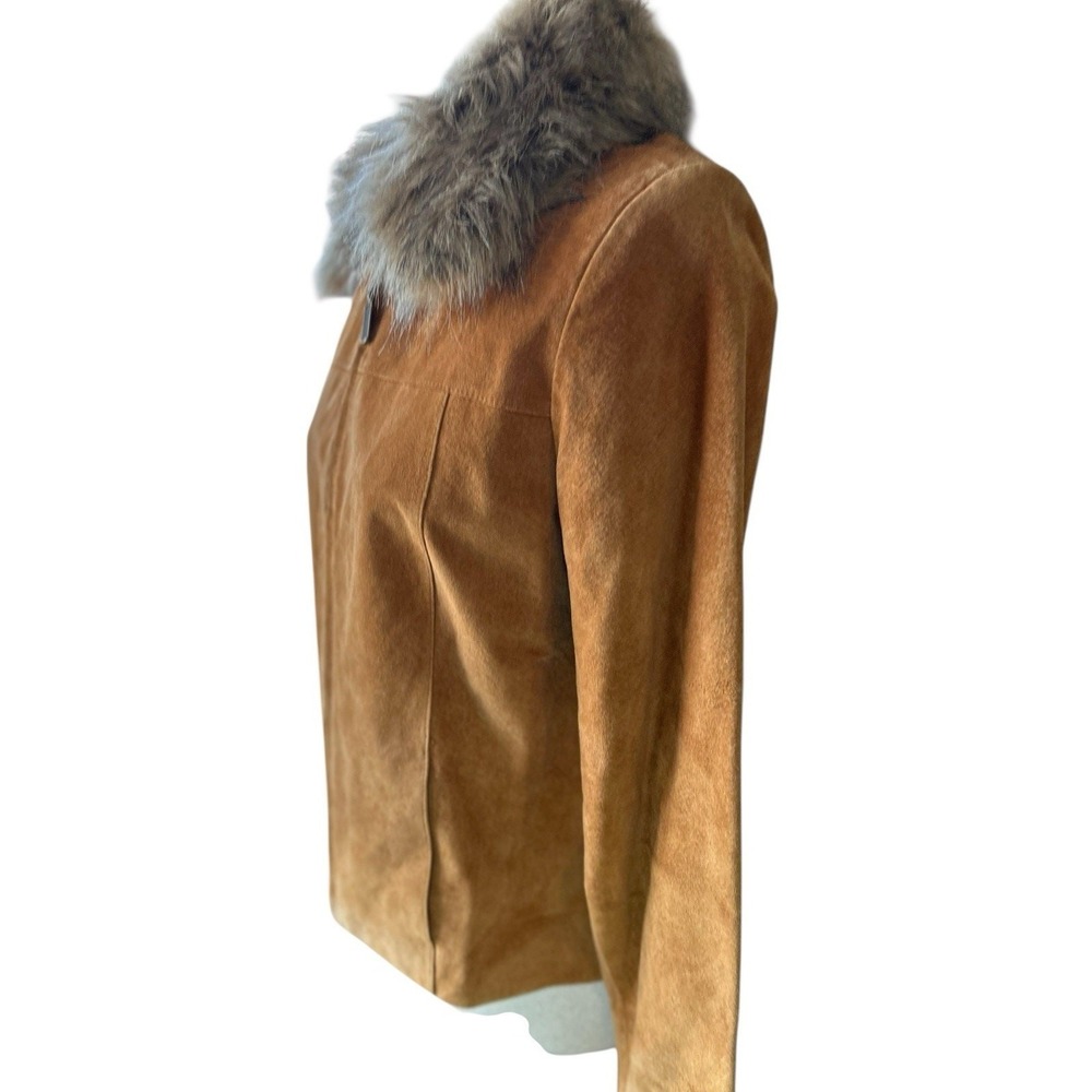 Vtg Fur Collar Suede Leather Camel Brown Jacket Boho Cowgirl Moto Size Small - Picture 6 of 14